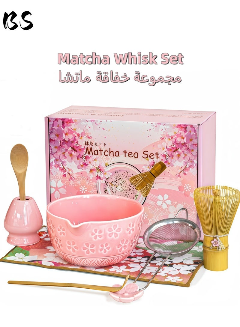 BS 8 Pcs Matcha Set - Flower-shaped Matcha Bowl | Handcrafted Whisk and Holder | Bamboo Scoop and Spoon | Scoop Rest | Sifter and Tea Towel | - Pink Matcha Set with Cherry Blossom Carved Patterns - Image 1